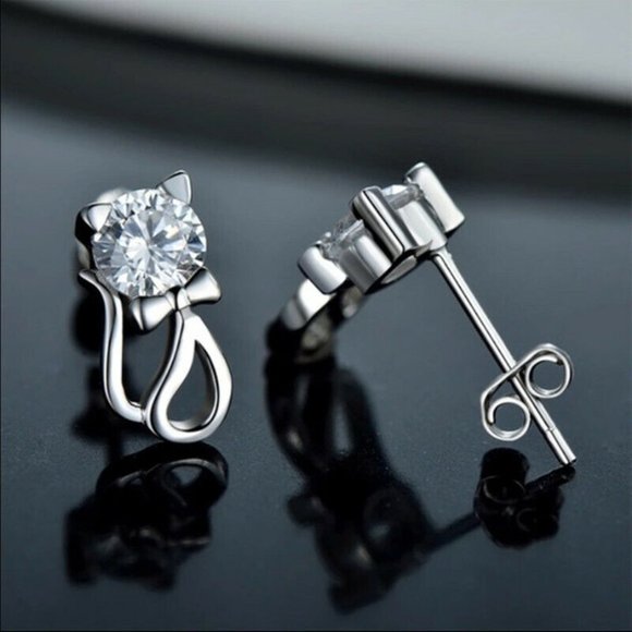 925 Sterling Silver Diamond Zircon Cat Stud Earrings 6mm .84ctw ea. Party Gift - Picture 5 of 5
